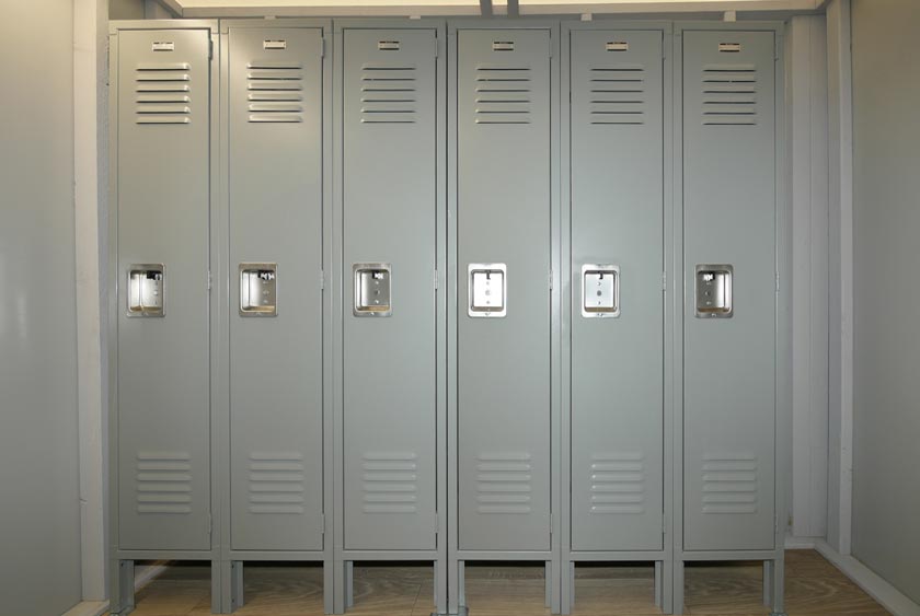 A48 LOCKER ROOM HAS NINE STEEL LOCKERS WITH SOLID DOORS