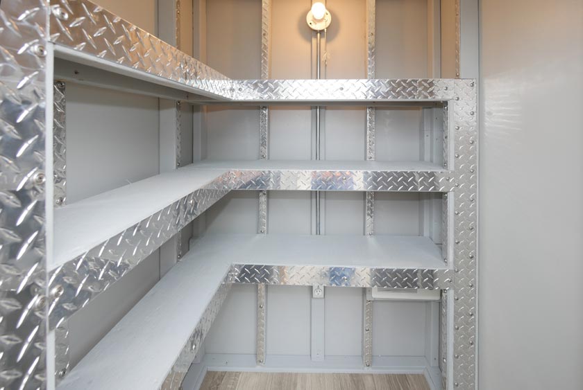 THE A16 STORAGE SHED HAS SPACIOUS SHELVING