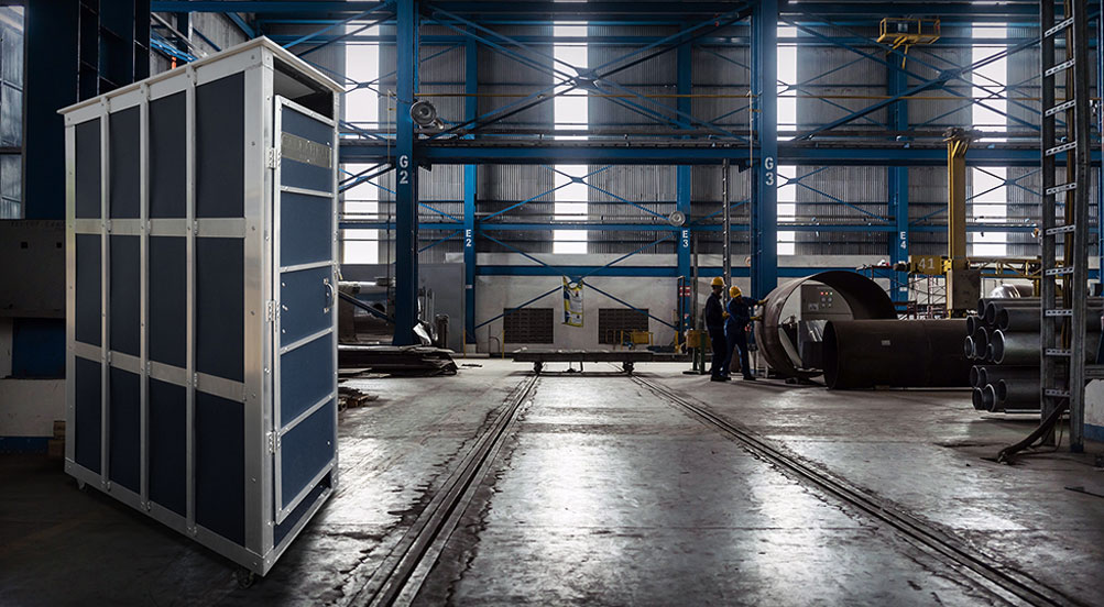 SkyWash Portable Sink  |  Navy Blue SkyWash Portable Sink Inside a Manufacturing Plant