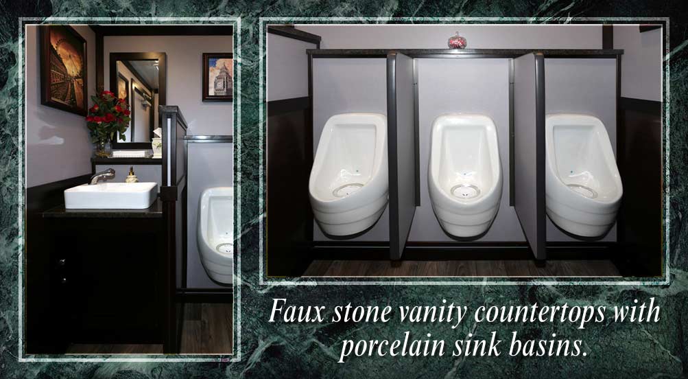 Hyde Park Restroom Trailer Comes With Faux Stone Vanity Countertops and Porcelain Sinks