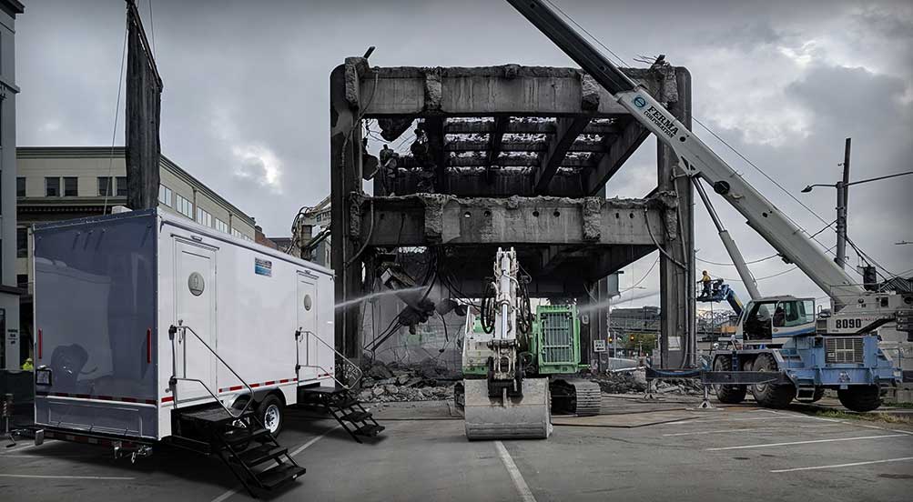 The Rover Restroom Trailer Rental At Construction Site