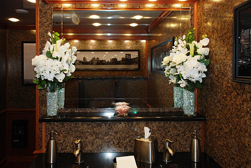 LARGE LIGHTED MIRROR AND SHELF OVER VANITY AND SINKS