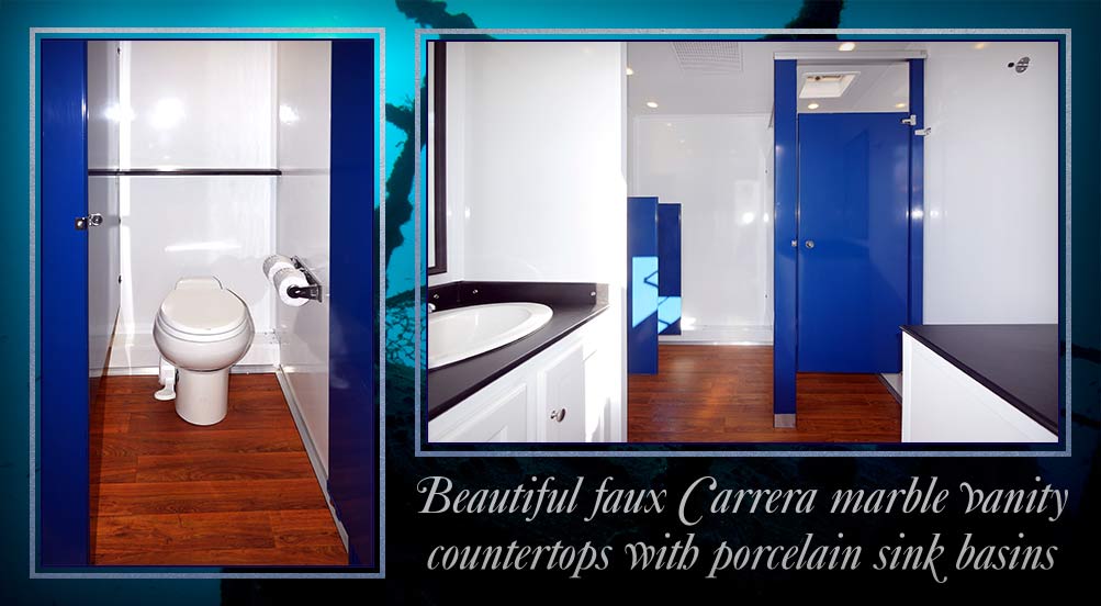 The Neptune Restroom Trailer Has Beautiful Marble Vanity Countertops With Porcelain Sinks