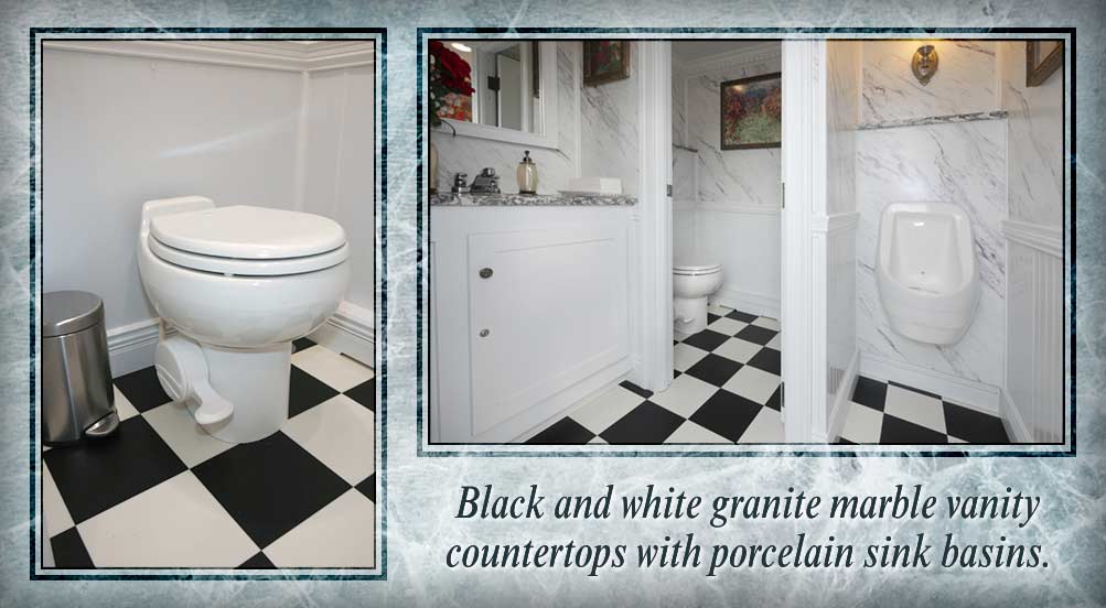 The Rosecliff Restroom Trailer Has Black And White Granite Marble Countertops With Porcelain Sinks