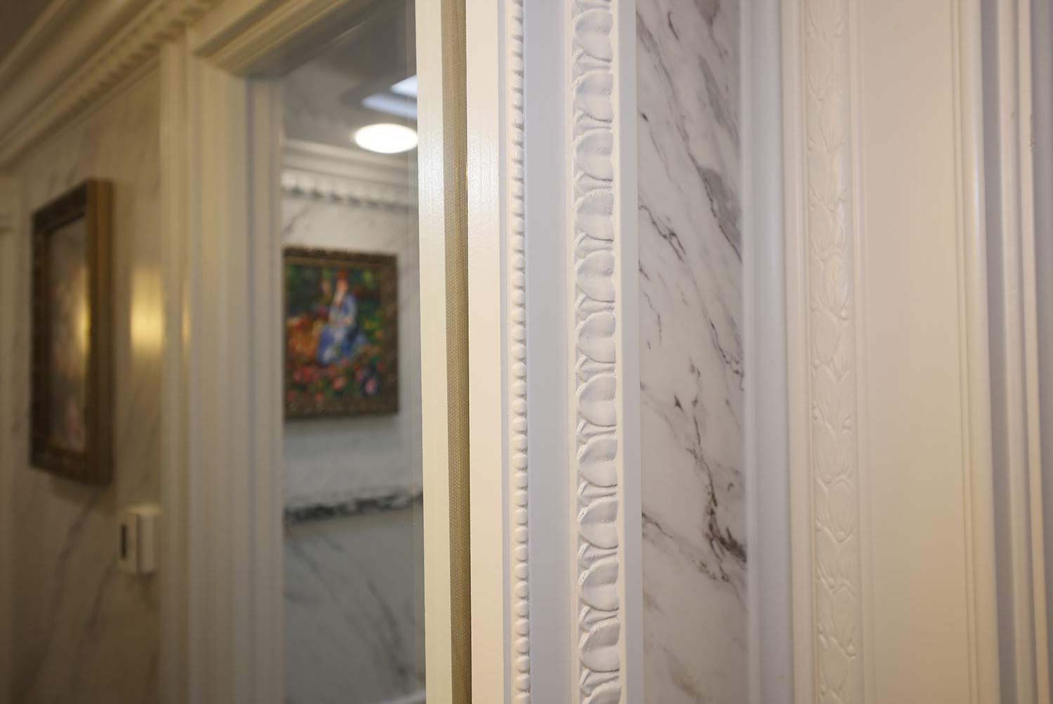 BEAUTIFULLY DETAILED WOODWORK THROUGHOUT THE ROSECLIFF RESTROOM TRAILER