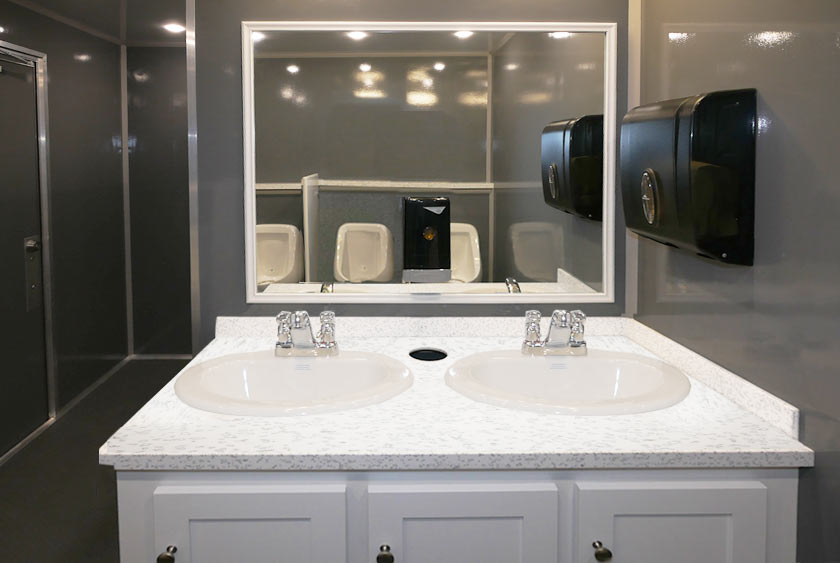 DOUBLE VANITY SINK, MIRROR, PAPER TOWEL DISPENSER, SOAP DISPENSER