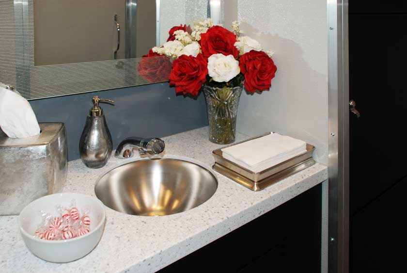 FAUX MARBLE VANITY TOP WITH PAPER TOWELS, TISSUES, SOAP DISPENSER AND MORE