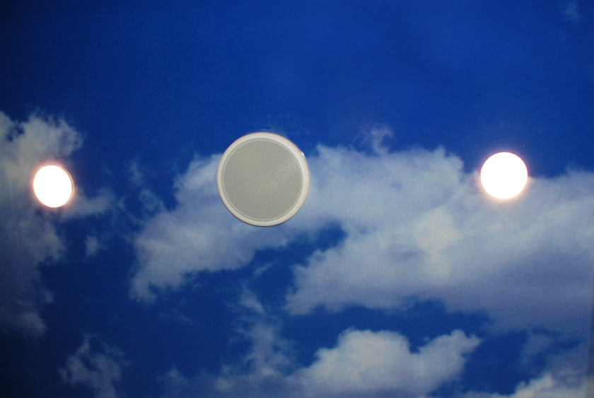 PAINTED SKY CEILING ADDS AN OLD WORLD CHARM TO THIS LUXURY RESTROOM TRAILER
