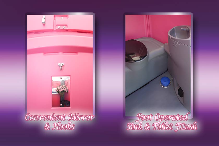 AMENITIES INCLUDE BUILT IN MIRROR, HOOKS, AND FOOT PUMP FAUCET